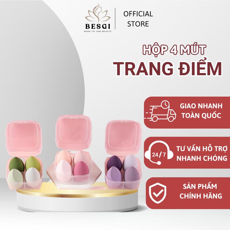 Hộp 4 mút trang điểm tông màu Pastel hình giọt nước xinh xắn mút tán kem nền make up chuyên ngiệp Besgi Beauty Cosmetic 1