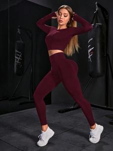 Women's Solid Long Sleeve Crop Top & High Waist Leggings Tracksuit Set, Sporty Breathable Comfy Outfits for Yoga Gym Workout Running, Ladies Sportswear for All Seasons
