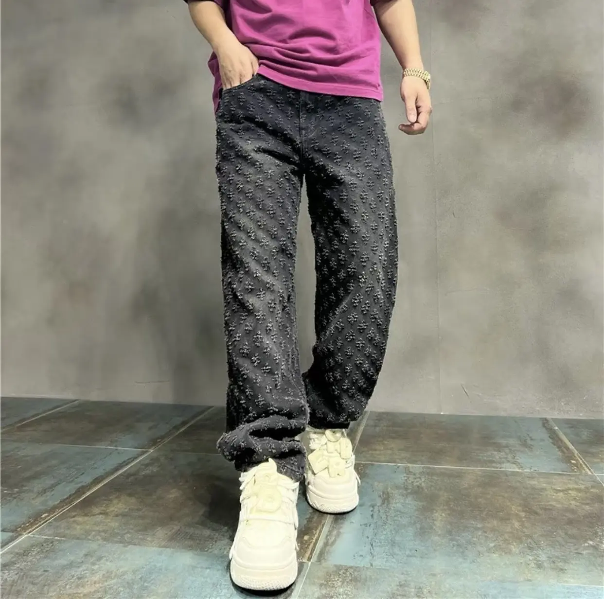Quần Jean Dài Ống Rộng Chấm Rách Thời Trang Phong Cách Cao Cấp purple mèo cào
