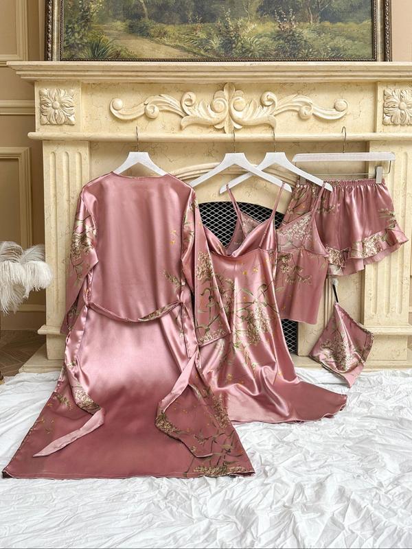 Christmas Gift Five Counts Women's Floral Print Satin Pyjamas Set, Pj Sets for Women, Elegant Comfort Belted Robe & Cowl Neck Cami Dress & Camisole & Ruffle Shorts & Bag, Pajama Sets Women, Loungewear for All Seasons, Lounge Set for Women 8