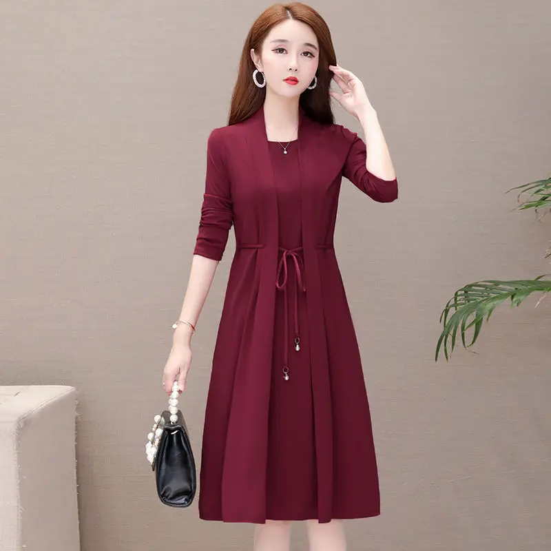 Váy Dài Tay Giả Hai Mảnh Cho Nữ, Trang Phục Cho Mẹ Trung Niên, Dài Trung Bình, Ngoại Cỡ, Mùa Xuân Và Mùa Thu, Mới 3