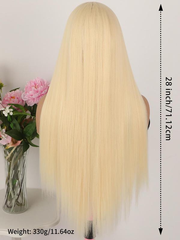 28 Inch Long Blonde Straight Wigs for Women, Gorgeous Fluffy Wigs without Bangs, Synthetic Lace Front Wigs for Party, Daily Use 1
