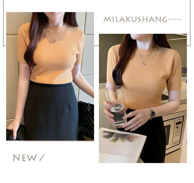 Product Introduction of Áo Dệt Kim, Dáng Ôm, Áo ngắn Tay, Áo Chui Đầu Nữ, Có Thể Mặc Bên Trong, Ngắn, Hàng Mới Về Mùa Hè 2024, Áo Sơ Mi Lớp Nền Cổ Tròn 16