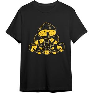 Camiseta negra con diseño abstracto 2D – estilo urbano alternativo, ideal para hombre y mujerAngSof, Camiseta Negra con Diseño de Hongos Místicos en Color Radiante Amarillo