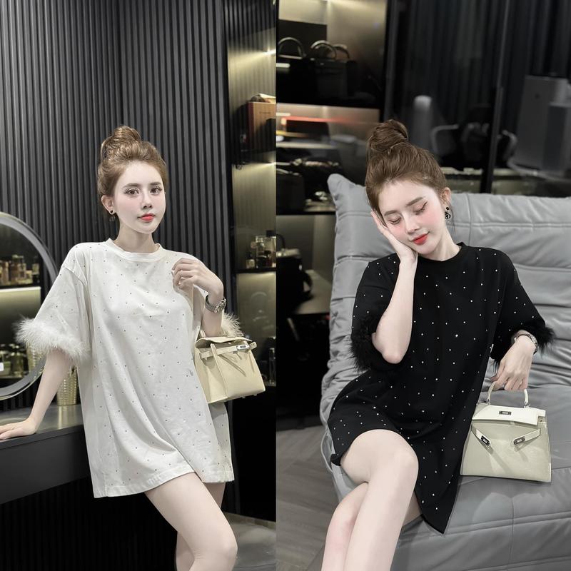 Áo ép đá tay lông cổ tròng cộc tay sang trọng, áo thun cotton dễ thương Top Nữ Kem Women Sơ Mi