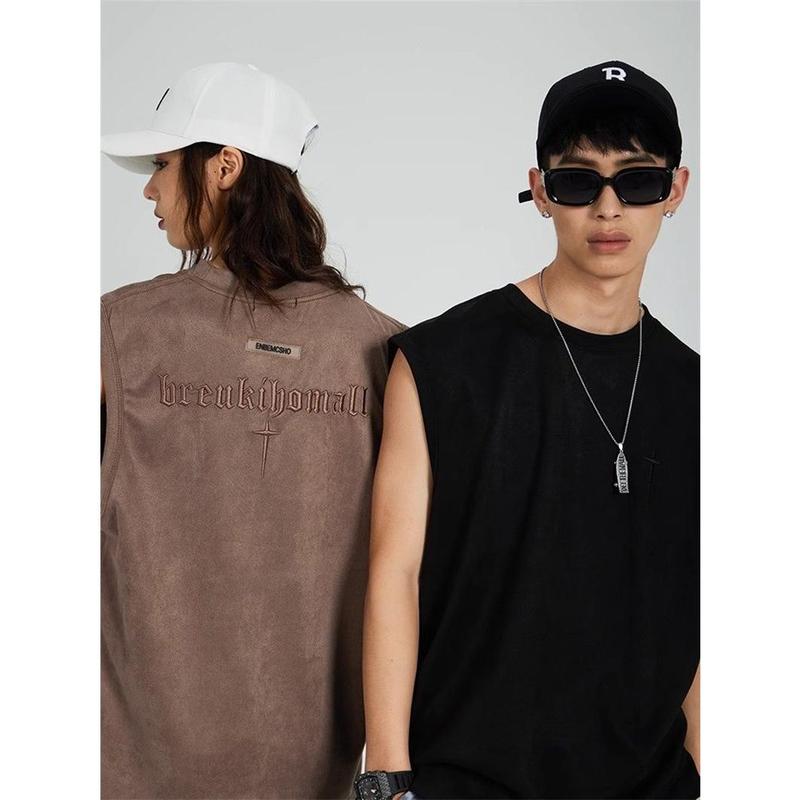 American Style Sleeveless Vest for Men Summer Suede Embroidered