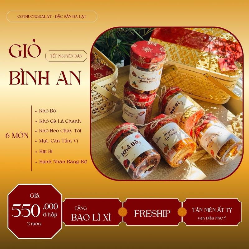 [ 6 Món Mặn ]Set Quà Tết Đặc Sản Đà Lạt - Giỏ Quà Truyền Thống - cothuongdalat - bánh mứt kẹo tết 2025 - trái cây sấy dẻo - quà tết Thức Ăn Food Ăn Vặt [[Khô Bò - Khô Gà - Khô Heo - Mực Cán Tẩm Vị - Hạt Bí - Hạnh Nhân]] banh keotet