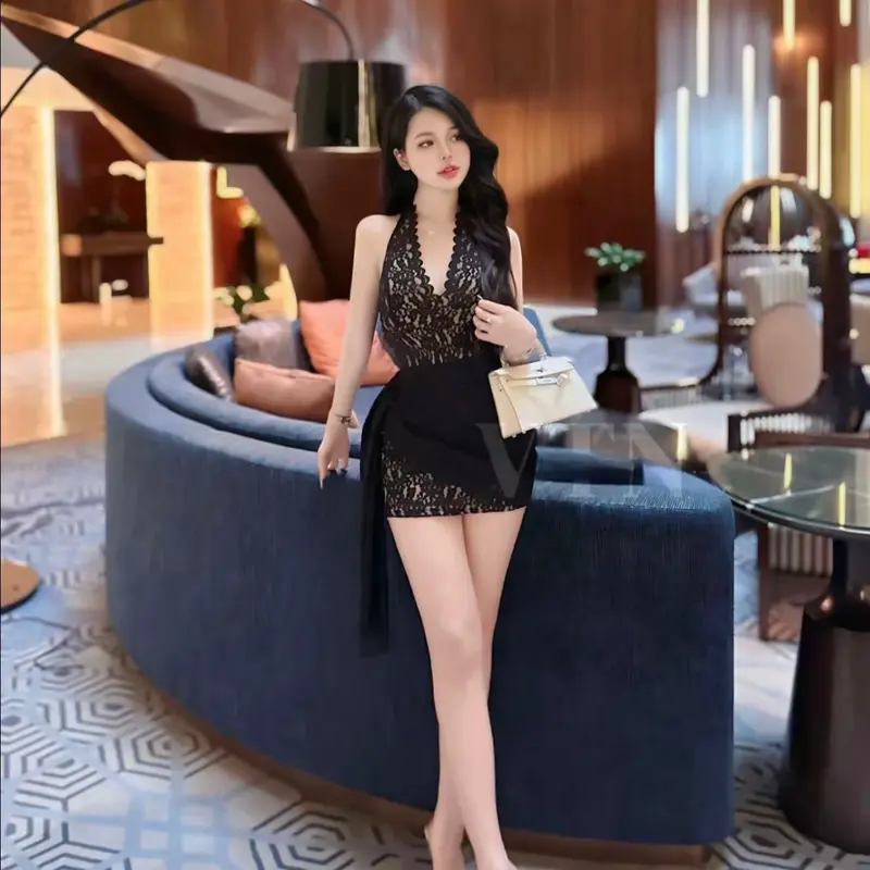 Váy thiết kế - Váy ren nhún tà cổ tim sườn lót da sang sịn 1298 Women Nữ Dress Voi Dress Voi Nhung Voan 6
