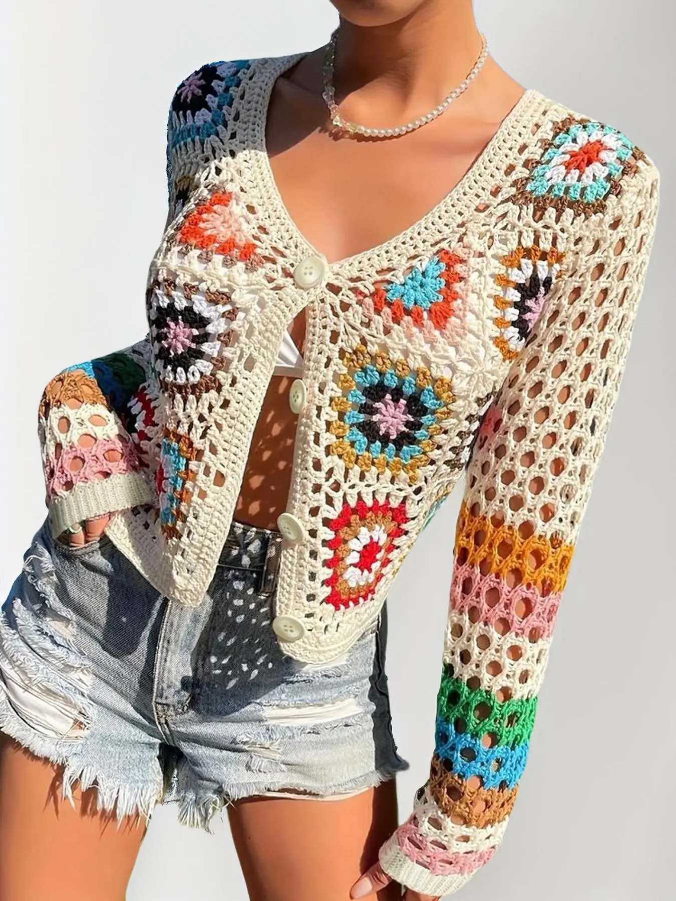 Women's Colorblock & Geometric Print Crochet Hollow Out Button Front Cardigan, Casual Long Sleeve V Neck Knitwear for Spring & Fall, Women's Knit Clothing for Daily Wear