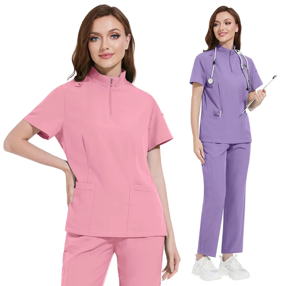 Unisex Scrub Suit Womens Mens Zipper Short Sleeves Pocket T-Shirt Top + Elastic Drawstring Straight Pants Nurse Doctor Workwear Uniform Medical Surgical Scrub Set