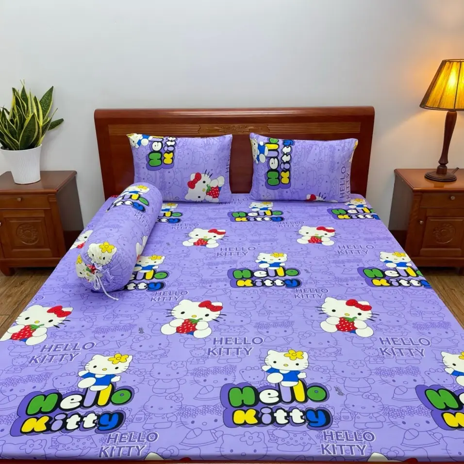 Bộ ga giường  thun lạnh hello kity tím