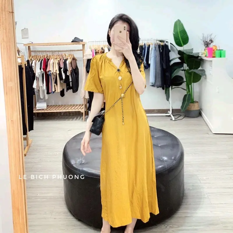 Váy V27, Đầm Suông Cổ Chun Đính Cúc Cách Điệu Chất Đũi Xước 1