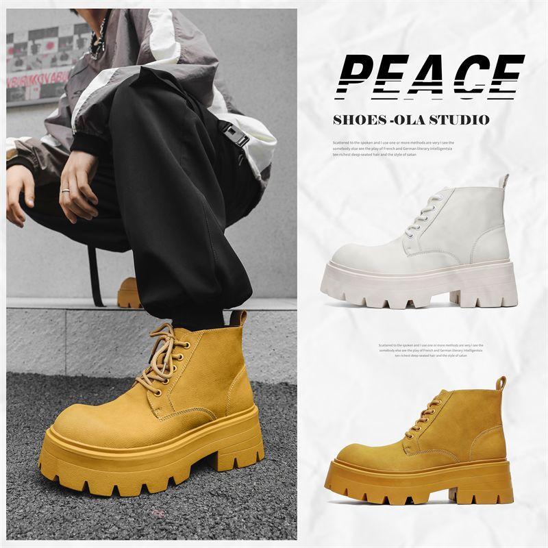 Giày boot Martin, Phong Cách PARIS, Da Thật Của Nam Giới, Phong Cách Đường Phố Cao Cấp, Ngón Chân To, Cổ Giữa, Đế Dày, Tăng Chiều Cao, Giày Của Người Hâm Mộ Anh, Giày Bốt Xe Hơi 3