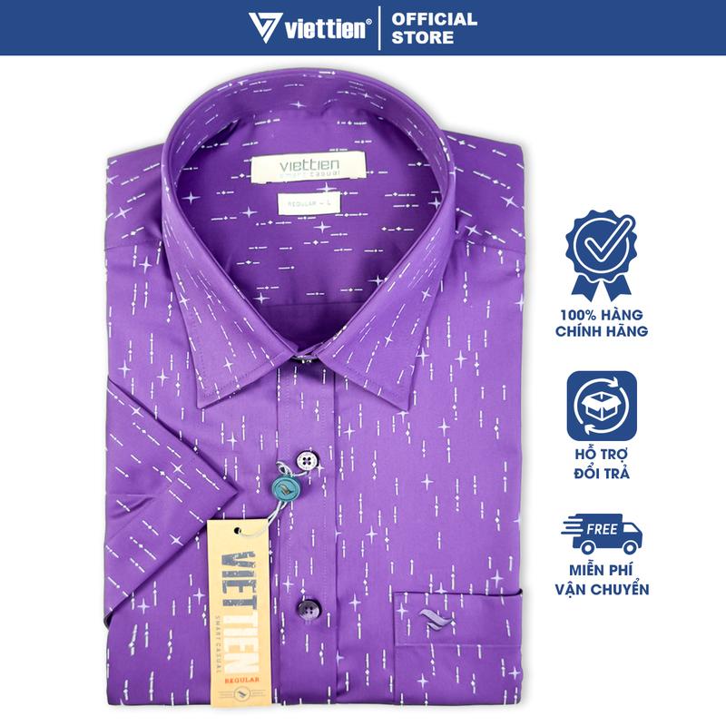 VIỆT TIẾN SALE - Áo Sơ Mi Viettien Smart Casual Tay Ngắn, Màu Hoa Văn Tím, Form Regular, Lai Ngang, Quà Tặng Nam Công Sở, 6P0090NR1 Menswear