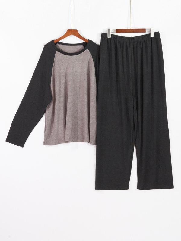 【Plus Size】 Colorblock Raglan Sleeve Tee & Elastic Waist Pants Loungewear Set, Casual Comfy Round Neck Long Sleeve Top & Trousers PJ Set, Women's Sleepwear for Fall & Winter 0