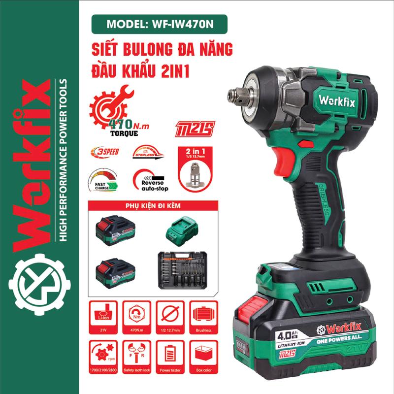 Máy Siết Bulong WorkFix IW 470Nm Không Chổi Than Kèm 2 Pin 1 Sạc Tặng Bộ 25 Phụ Kiện  Bảo Hành 6 Tháng