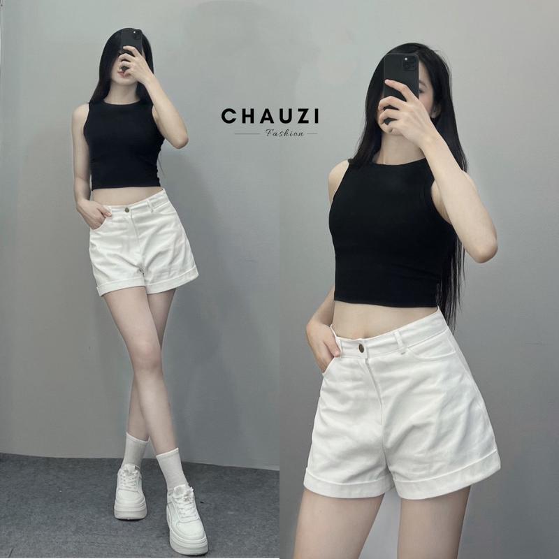 CHAUZI-Quần Short Chất Jean Cạp Cao BigSize thiết kế  Gập Gấu  Quần Đùi dáng chữ A Phong Cách Hàn Quốc QD253 Nhung Kem Nữ Pants Women quần  trắng