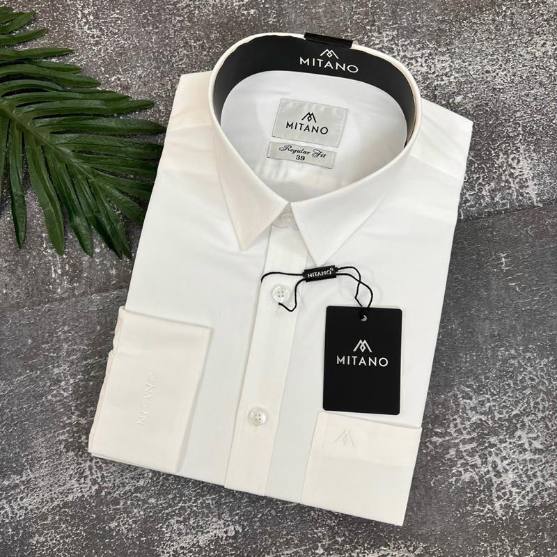Áo sơmi trắng dài tay Mitano, regular fit, tà lượn, có túi ngực, vải modal.