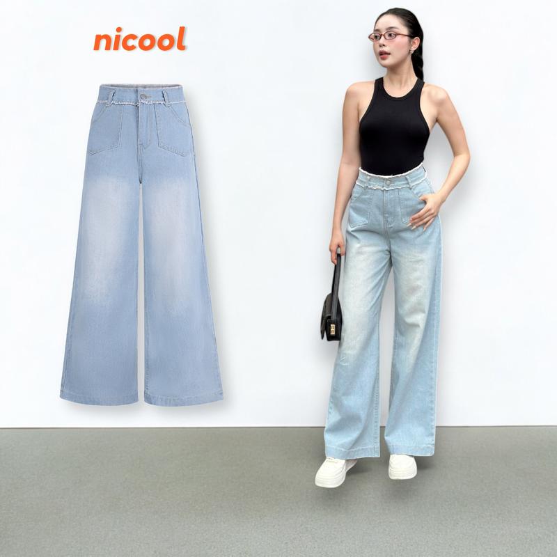 Quần Jean Nữ Suông ỐNG LOE RỘNG Xanh Nhạt Wash Lưng Tua Rua N41-Q53 Women Pants