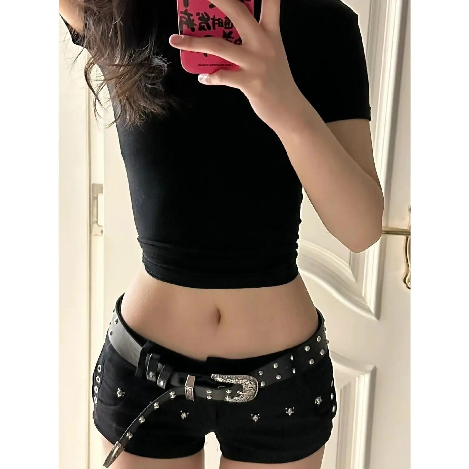 American Hot Girl Dark Y2g Sheath Black Leggings Rivet Design Sense Denim Super Short Shorts Women's Low Waist Slim Hot Pants