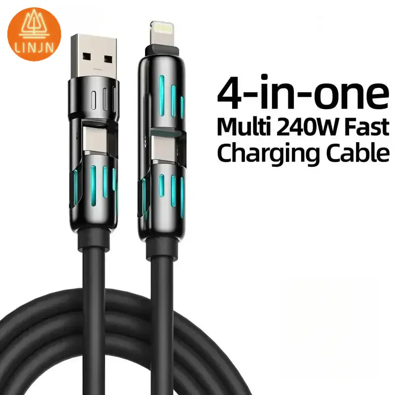 USB,Type C,lightning-Max 240W Fast Charging and Data Sync MFISH 4-in-1 Multi-Function USB Charging Cable compatible for for iPhone 16/15, iPad Pro, Galaxy, and laptops
