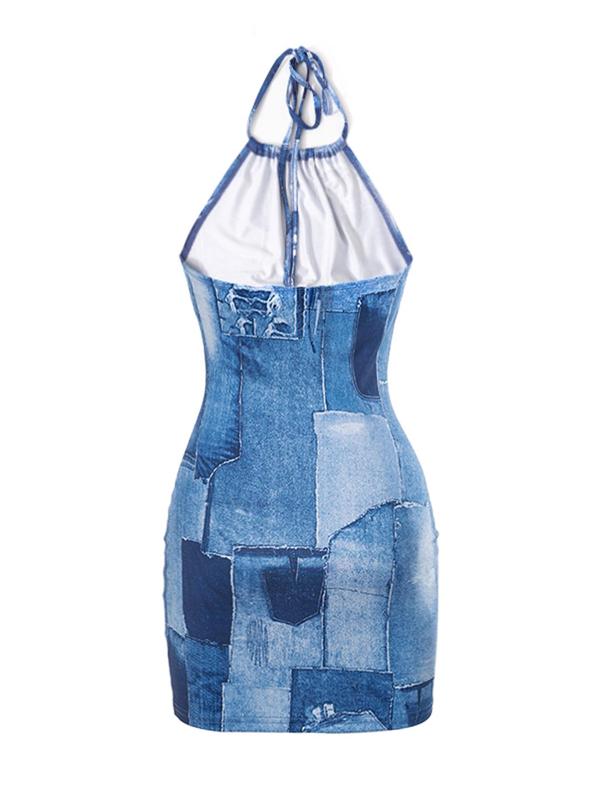 Women's Denim-effect Print Halter Dress, Fashion Casual Sleeveless Short Dress for Daily Outdoor Wear, Ladies Dress for Summer 2
