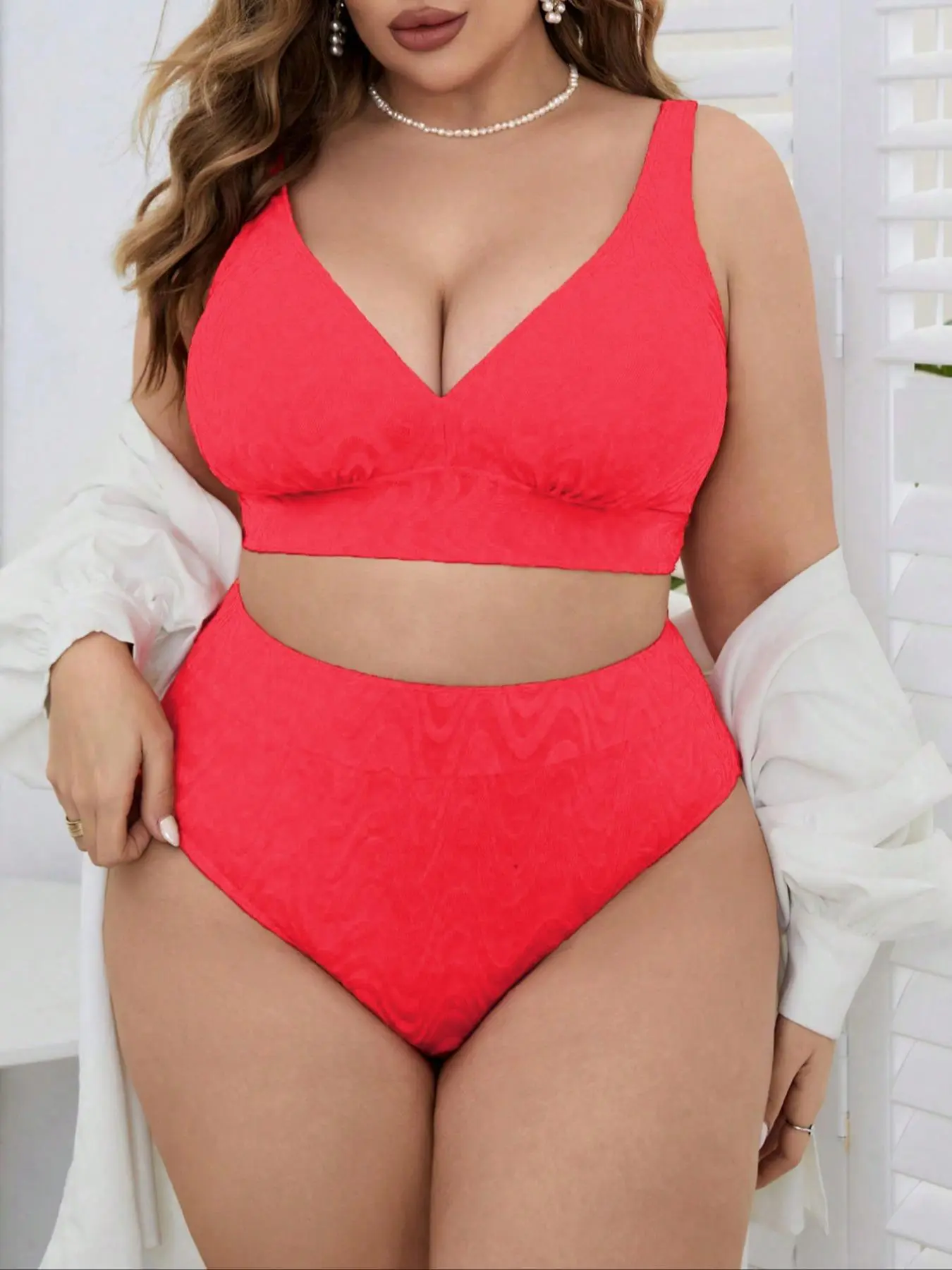 Plus Size Textured Bikinis Set, Solid Wireless Bra & Panty, Casual Seamless Two-Piece Swimsuit for Summer, Women's Swimwear for Beach Holiday Vacation