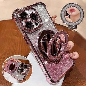 Funda para Teléfono con Diamante de Dedo y Soporte para Espejo de Maquillaje, 1 Pieza Funda Protectora Anticaída Engrosada de Cuatro Esquinas para iPhone 16 Pro Max 15 Pro Max, Antigolpes