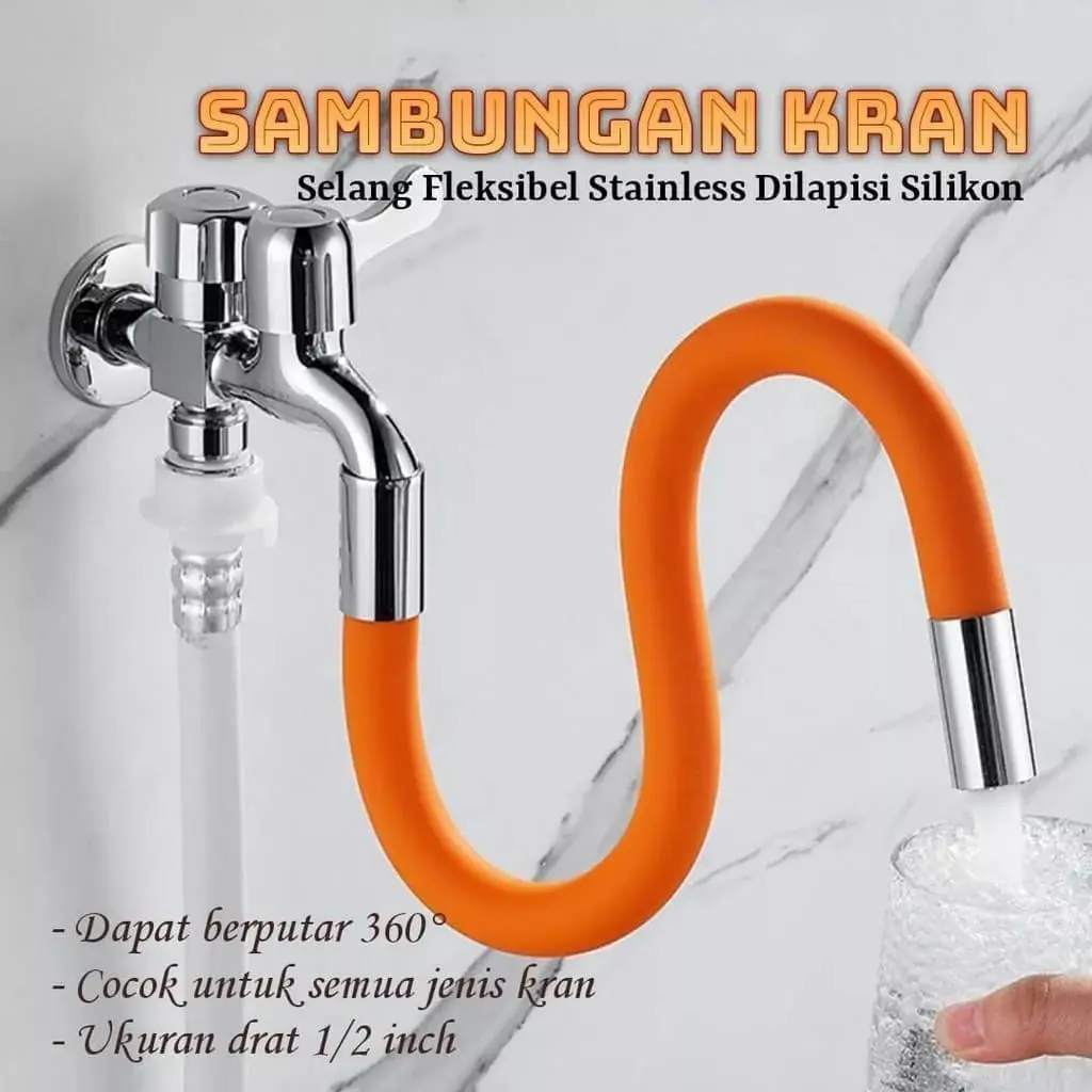 READY STOK SELANG ORANGE FLEKSIBEL BAHAN STAINLESS 50 CM SELANG SAMBUNGAN KRAN EKSENSI KERAN AIR UNIVERSAL KRAN 1/2 INCH 360