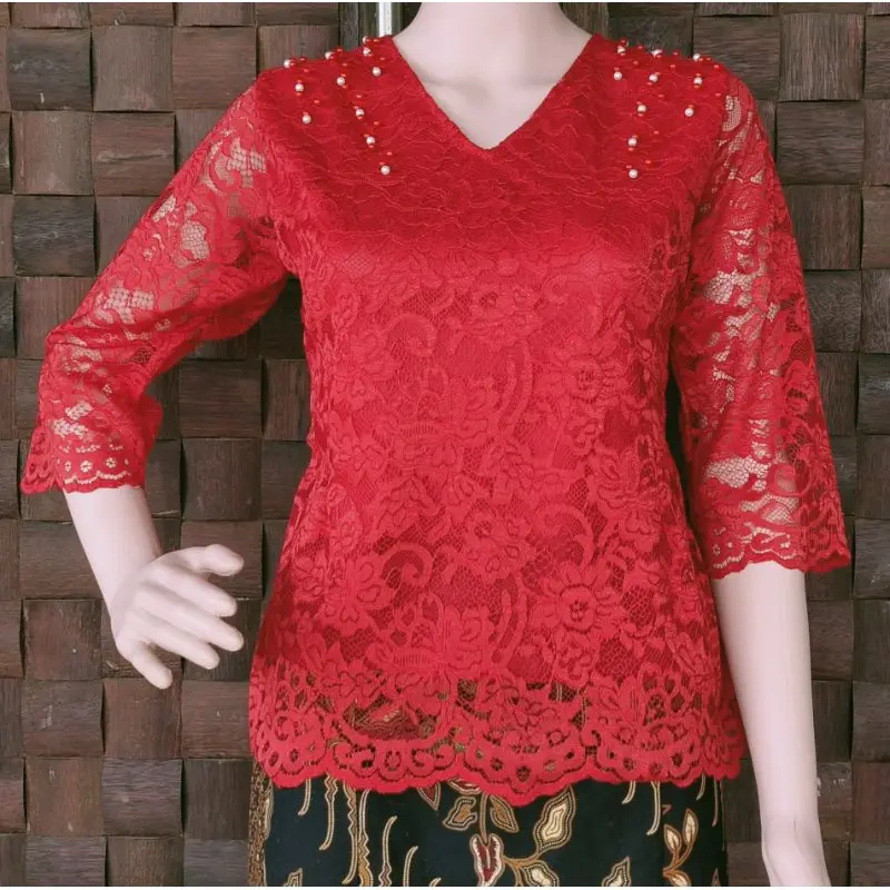 Atasan Blus Brokat Renda Premium Terbaru Ellove, Leher V Tangan Lurus, Pakai Furring Resleting Belakang. 8