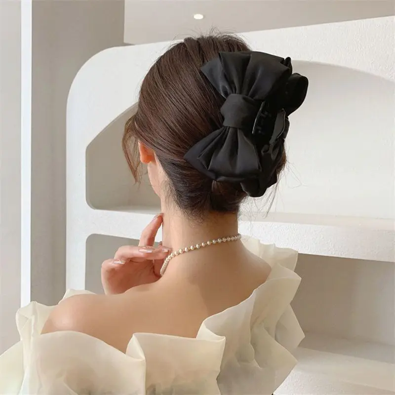 Elegant Women Bow Hair Claw Clips Double-Sided Large Satin Shark Hair Claw Solid Bowknot Hairpins Barrettes Hair Accessories