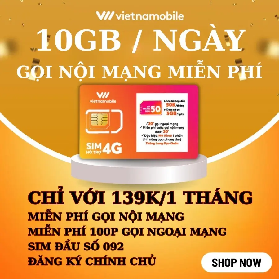 Sim Data Vietnamobile (KHÔNG TẠO TK, KHÔNG FREE THÁNG ĐẦU, CHECK SÓNG TRƯỚC MUA))) 4G 10GB/Ngày (300GB/Tháng), Free Gọi Nội Mạng và 100 Phút Ngoại Mạng - Phone