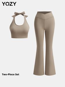 YOZY-GOOO Women's Solid Backless Halter Crop Top & Flare Leg Pants Two-piece Set, Casual Tie Back Sleeveless Top & Bell Bottom Trousers for Daily Wear, Ladies Two-piece Outfits for All Seasons, Tummy Flattering