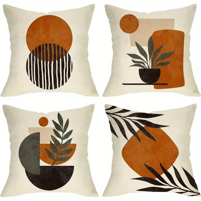 Geometric Leaf Pattern Cushion Cover, 4 Counts/set Square Throw Pillow Cover, Household Decoration Supplies for Home Living Room Bedroom