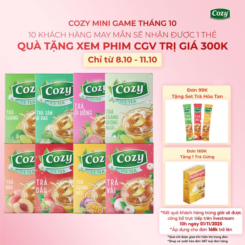 [DEAL SỐC] Trà Hòa Tan Cozy Các Vị Trái Cây Cozy Ice Tea, Trà Đào, Trà Chanh, Trà Vải, Trà Dâu, Trà Sâm Bí Đao, Trà Chanh Dây, Trà Ổi Hồng, Trà Chanh Hương Nhài Giải Khát, Thanh Nhiệt