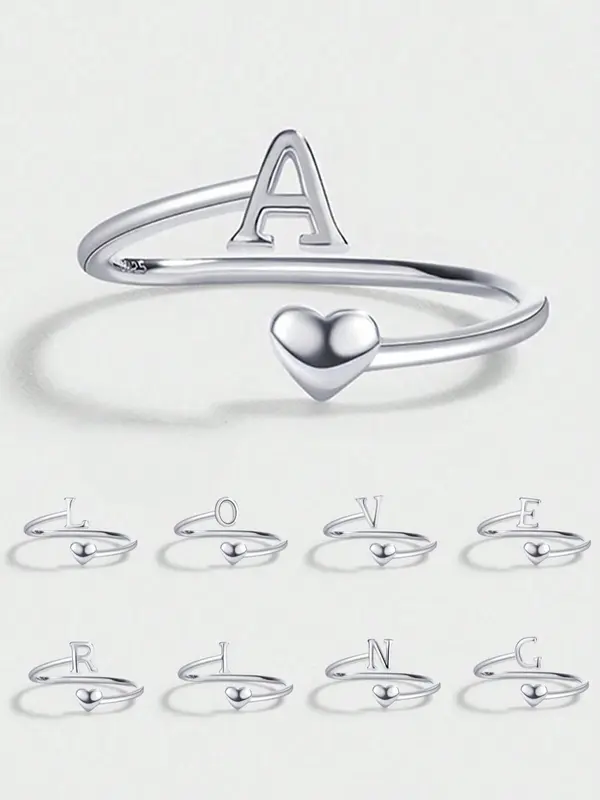 S925 Sterling Silver Simple Initial Letter Design Adjustable Ring, Fashion Accessories for Women & Girls, Trendy All-match & Exquisite Jewelry for Birthday Gift 4