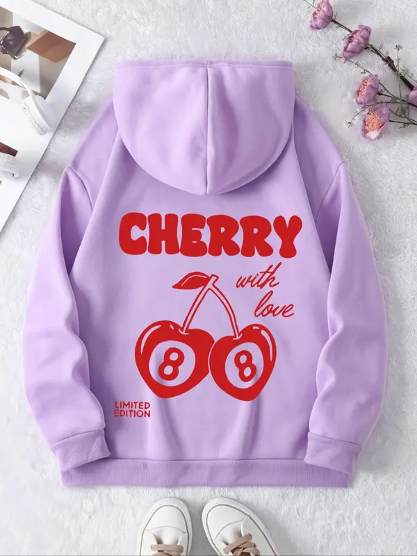 【Plus Size】 Cherry & Letter Print Thermal Lined Hoodie, Fashion Casual Drawstring Pocket Cherry Hoodie for Daily Holiday Outdoor Wear, Hoodies for Women, Yoga Hoodie, Women Clothing for Fall & Winter, Curve Fashion 3