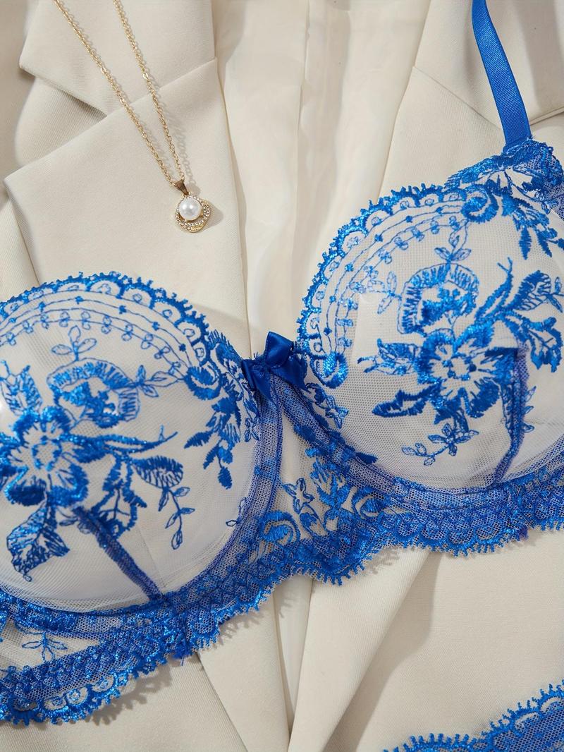 Product Introduction of Women's Floral Embroidery Semi-sheer Bra & Panty Two-piece Set, Sexy Comfy Breathable Lingerie Set for Daily Wear, Women's Underwear Set for All Seasons 8
