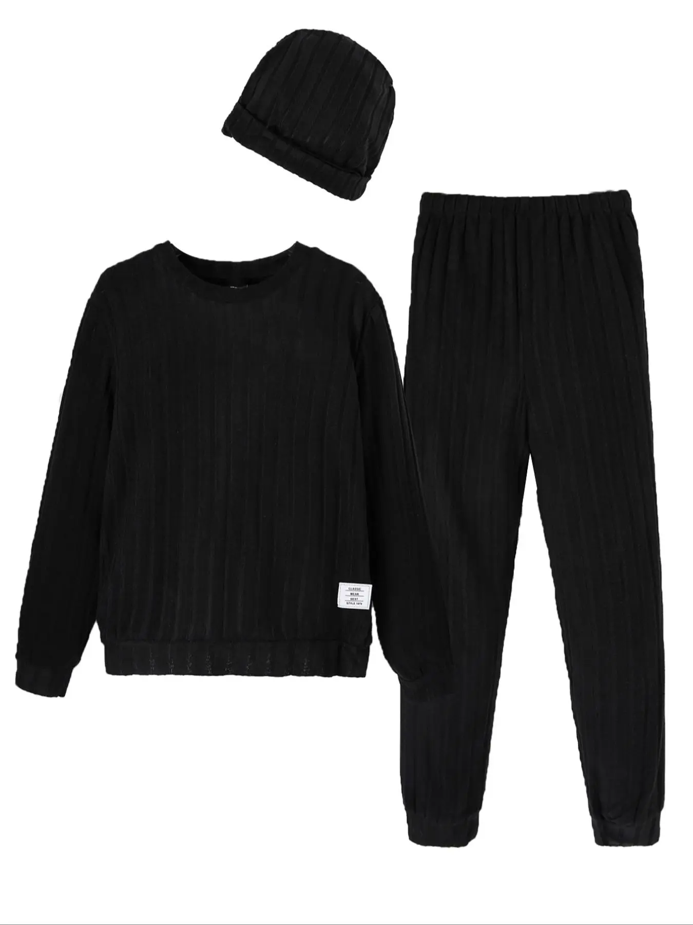Two-Piece Set Boy's Letter Patched Ribbed Sweatshirt & Elastic Waist Pants Set with Hat, Casual Long Sleeve Round Neck Pullover & Trousers for Fall & Winter, Kids Clothes for Daily Wear
