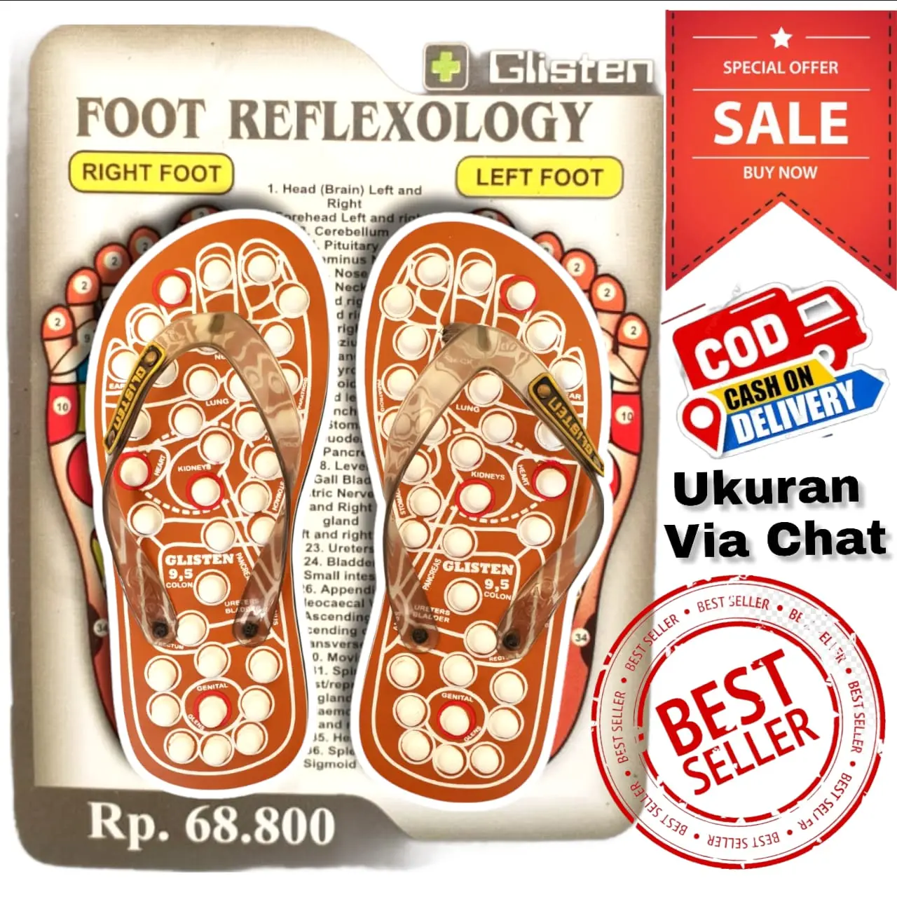 Sendal Jepit Refleksi Glisten Sendal Kesehatan- Terapi - Kesehatan - Rematik UKURAN 9.5 sd 11 Sendal Reflexy / Sendal Reflexi / Sendal Kesahatan  sandal  karet  pria  Coklat Hitam