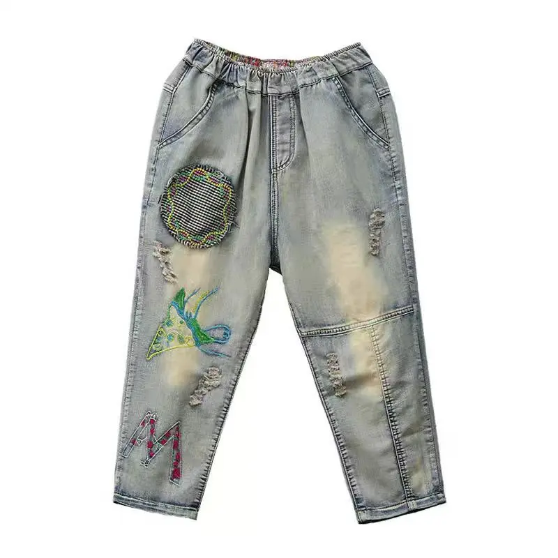 Quần Cropped Xén, Eo Co Giãn Denim, Dành Cho Phụ Nữ, Bộ Sưu Tập Mùa Hè Mới, Dáng Rộng Rãi Và Mỏng Vừa Vặn, Cạp Cao, Thiết Kế Vá, Khối Màu, Dễ Phối Đồ Phong Cách Harem Women Pants 5