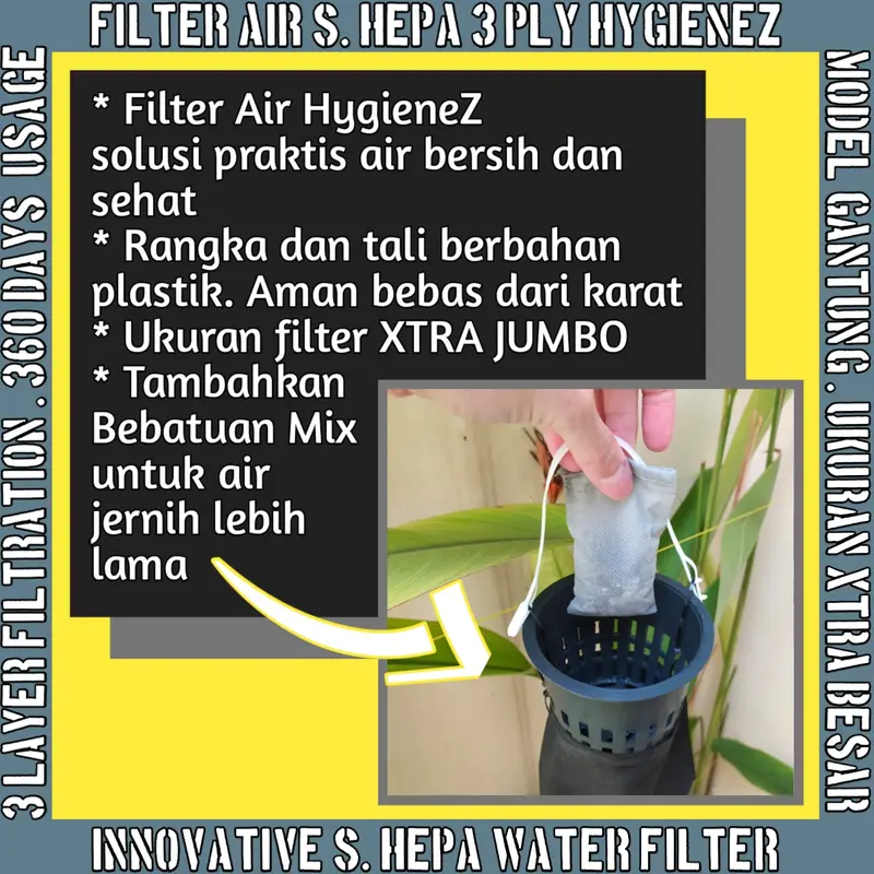 Saringan Tandon Toren Model Tali Gantung XTRA JUMBO Praktis HYGIENEZ Filter Kain 3 Lapis Mikron Semi Hepa Terbaik Kantong Kantung Sambungan Tambahan Keran Pipa Air Kran Kamar Mandi Sumur Bor PDAM Akuarium Ikan Kolam Renang Batu Penyaring Penjernih Alami f 2