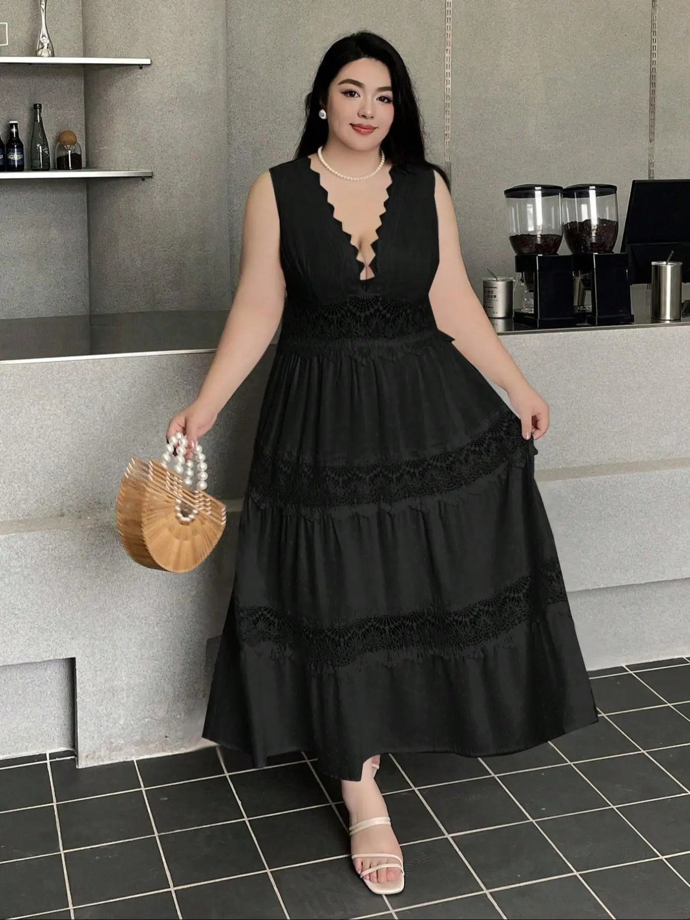 【Plus Size】 Contrast Lace Swiss Dot Tie Back Scallop Trim A Line Dress, Elegant Deep V Neck Sleeveless Dress for Party Holiday Wedding Guest, Women's Clothes for Summer
