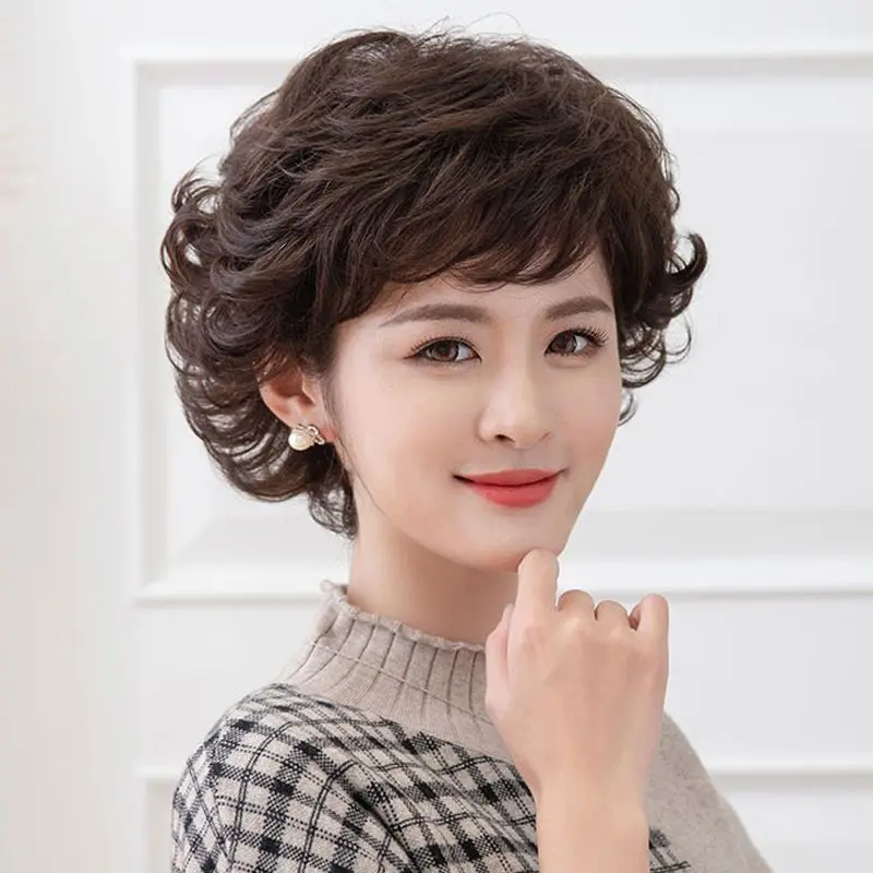 Wanita wig rambut pendek rambut keriting panjang sedang ibu berbulu alami gaya rambut keriting pendek helai rambut manusia nyata set wig setengah baya 1