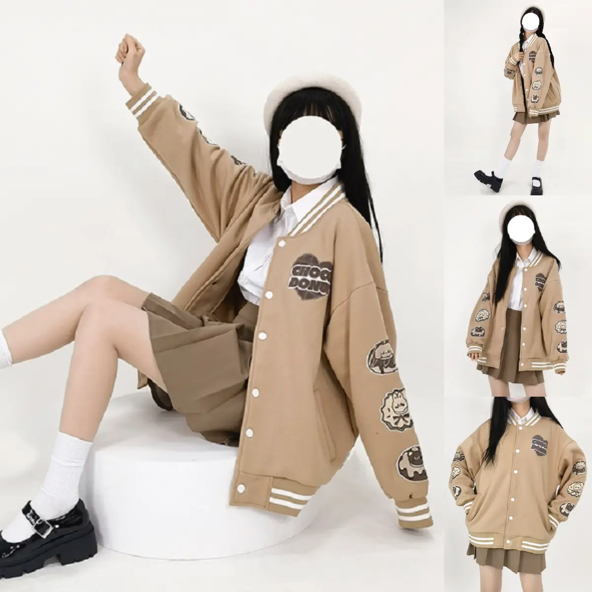 BOMBER CHOCO DONUTS - JACKET BASEBALL - BAHAN FLEECE GRAMASI 240 - WARNA MOCCA - JAKET REMAJA - KOREAN STYLE