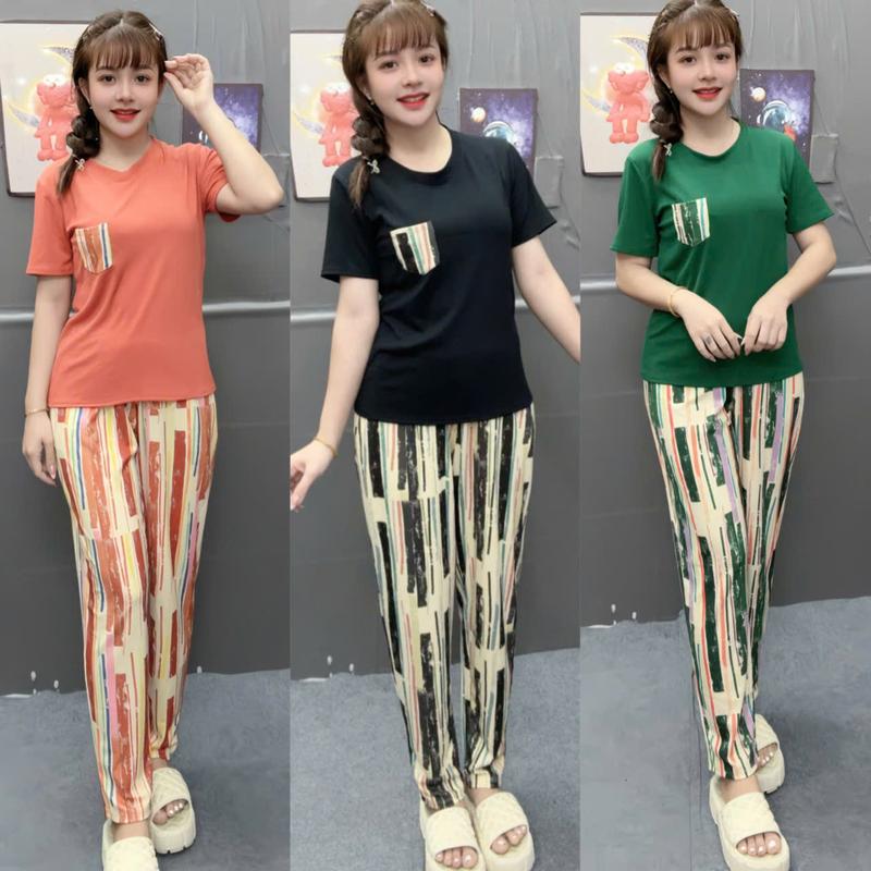 Set Đồ Bộ Quần baggy bigsize kèm áo cổ trong tay ngắn dành cho nữ chất thun gân tăm lạnh Women Top Kem