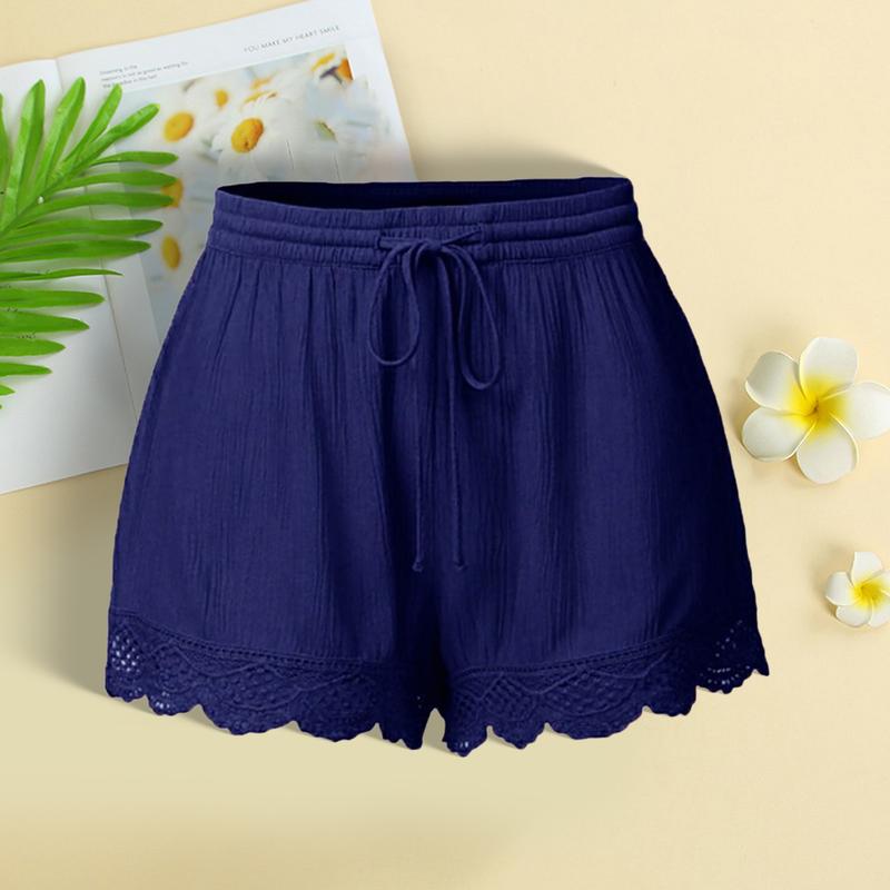 Mieeuo Women Summer Shorts Elastic Drawstring Waist Solid Color Lace Trim Shorts Loose Fit Elastic Tight Yoga Pants 2