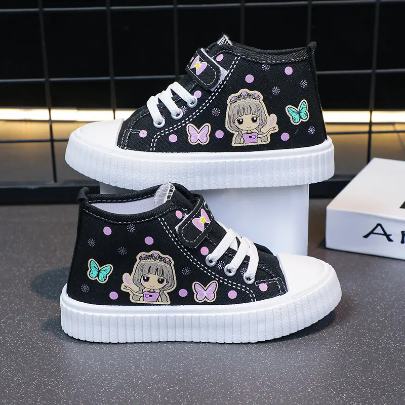New Girls Canvas Shoes 2025 Spring and Autumn New Middle-top Children's Sports White Shoes Cartoon Board Shoes Girl Casual Shoes