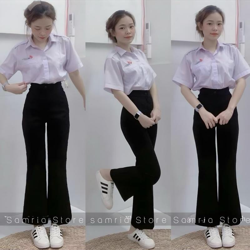 ￼Quần tây ống loe BIGSIZE đi học nữ m50 m55 m60 1 cúc 2 nút màu Đen - Quần ống loe cạp cao nữ đi học công sở hẹn hò tiệc vải mềm mã 3388 0