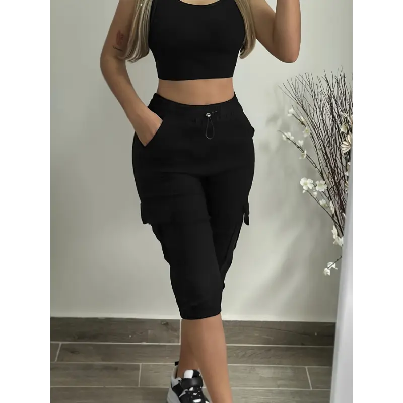 [Sporty Cargo Pants] Casual Solid Color Flap Pocket Capris Cargo Pants - Women's Drawstring Sporty Pants